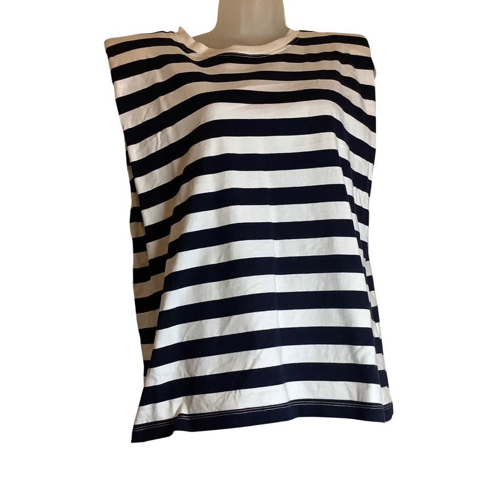 Zara Mens Padded Shoulder Striped Sleeveless T-Shirt Navy White L Portugal